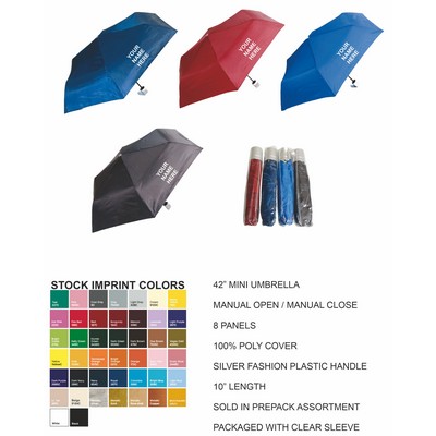 42"Arc, Mini Folding Umbrella, manual open, manual close, prepack assortment