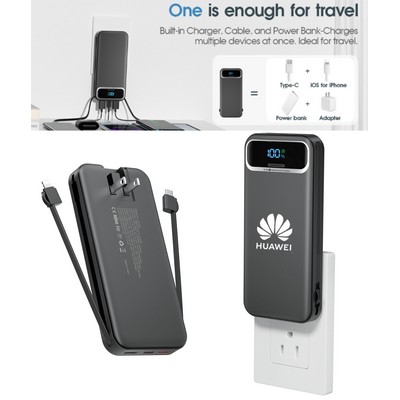 PD 20W Fast Charging 20000mAh AC Plug Power Bank With Built in 2 Cables And Led Display