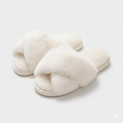 Cross-Strap Faux Fur Slippers Plush Open-Toe House Slides Thick Platform Warm Indoor Slippers