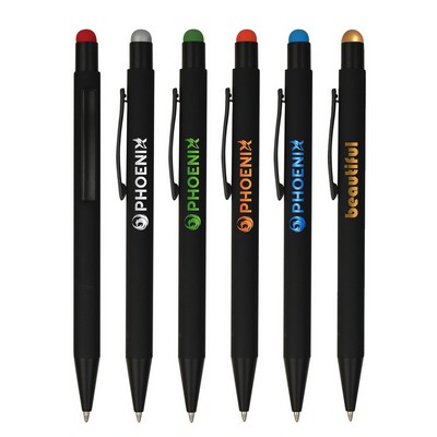 Soft Rubber Click Metal Ballpoint Pen w/Stylus & Chrome